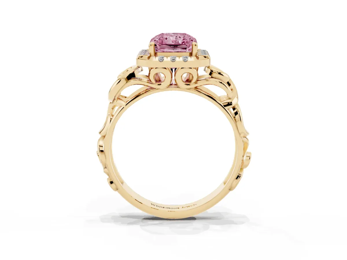Fancy Pink Radiant Cut Cut Halo Diamond Ring with Scrollwork Band and Four-Prong Setting Yellow gold
