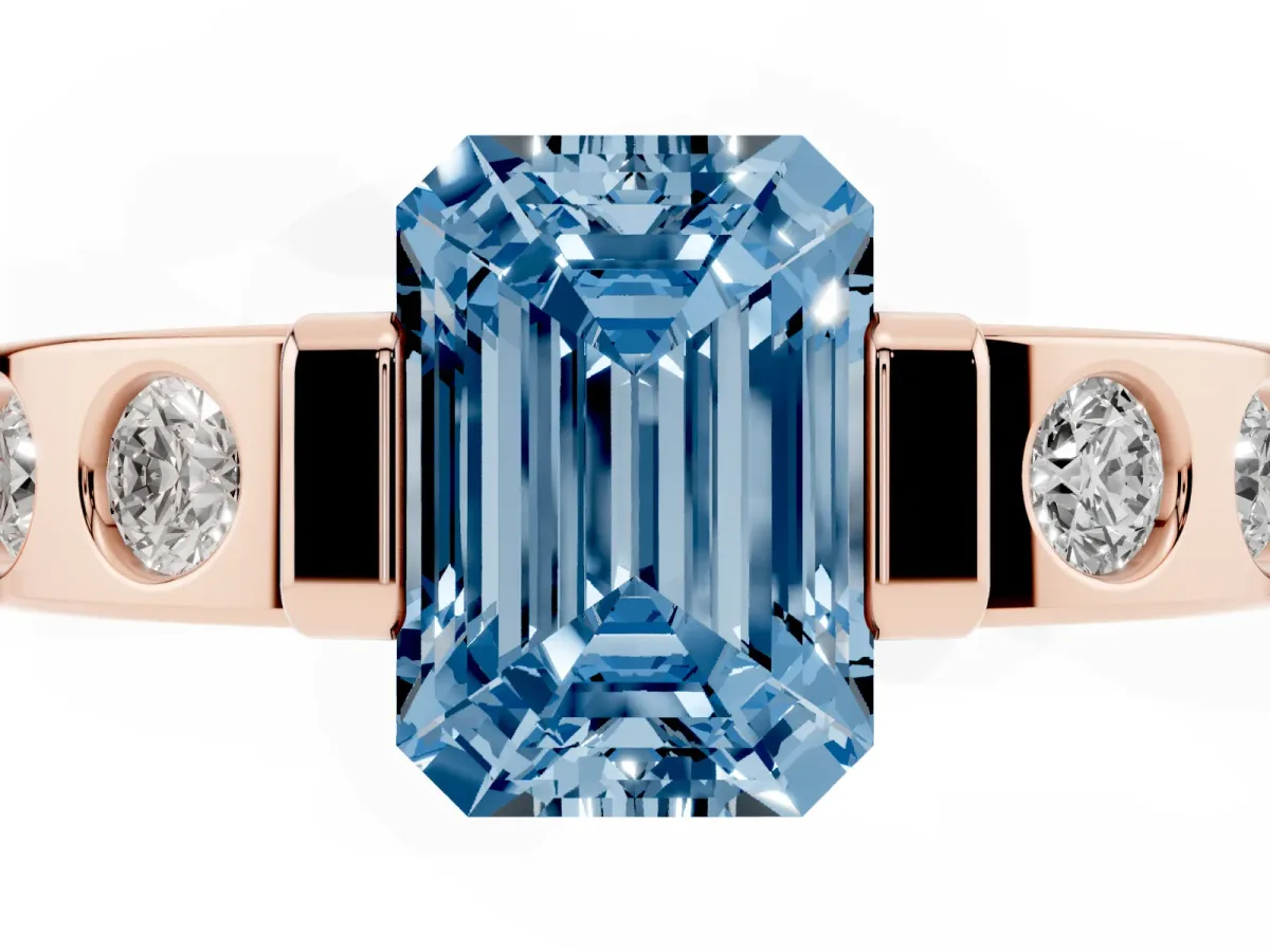 Fancy Blue Emerald Cut Brilliant Channel-Set Diamond Ring with Bezel Prong Setting Rose gold