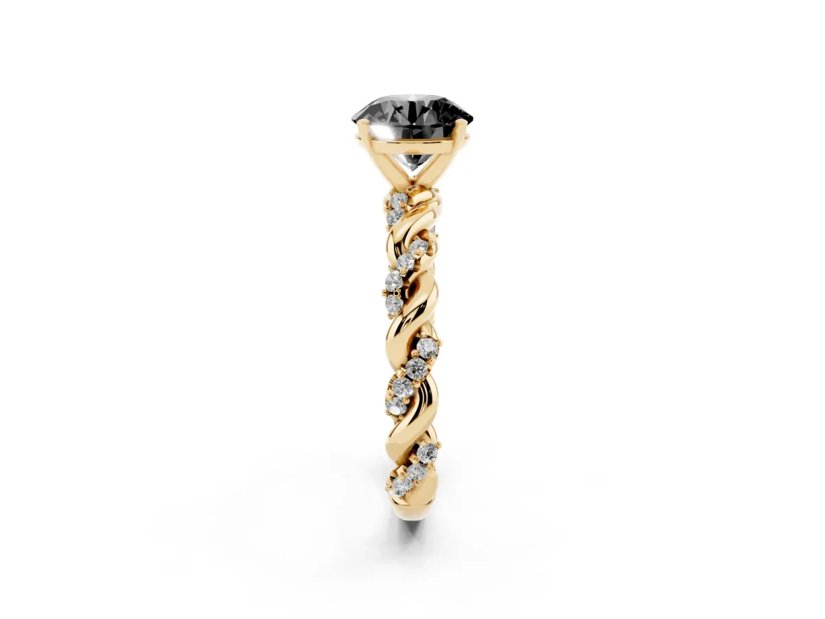 Fancy Black Round Cut Diamond Solitaire Ring with Twisted Band and Pavé Accents Yellow gold