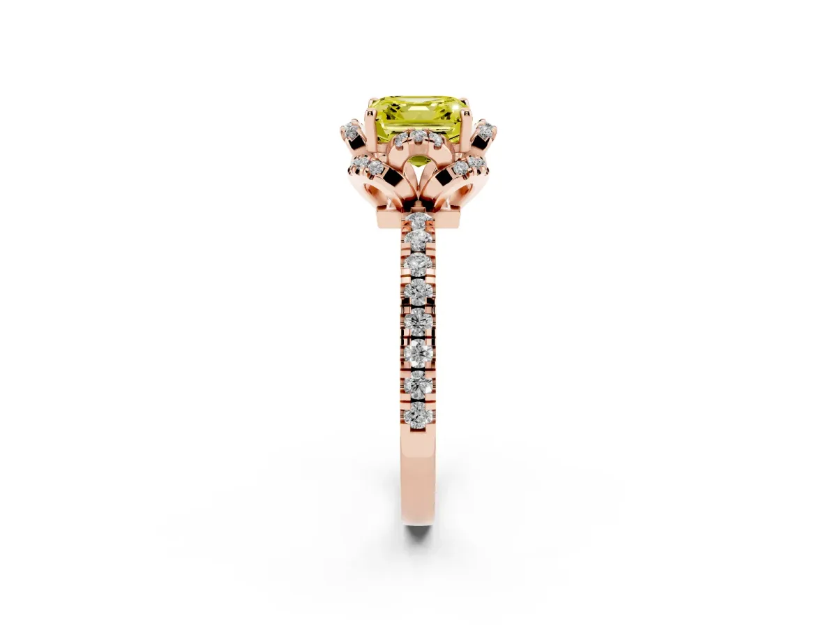 Fancy Yellow Asscher Cut Diamond Halo Pave Band with Four-Prong Setting Rose gold
