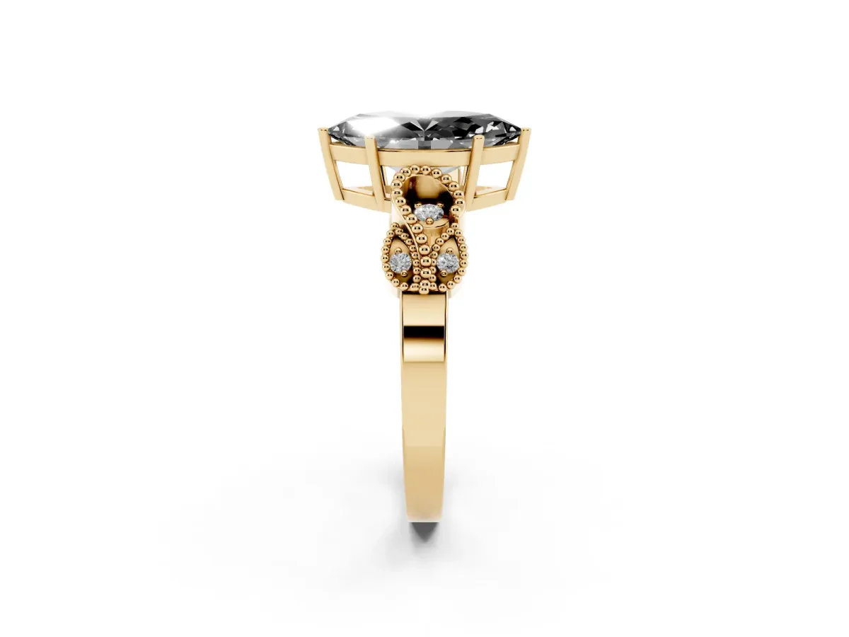 Fancy Black Marquise Cut Solitaire Milgrain Leaf Band with Prong Setting Yellow gold