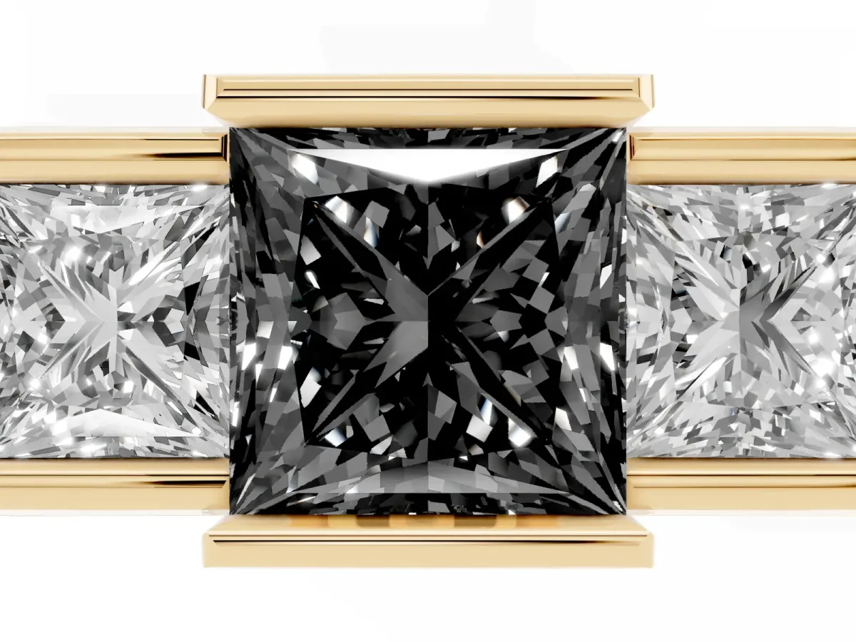 Fancy Black Three Stone Princess Cut Cut Channel Set Diamond Ring Yellow gold