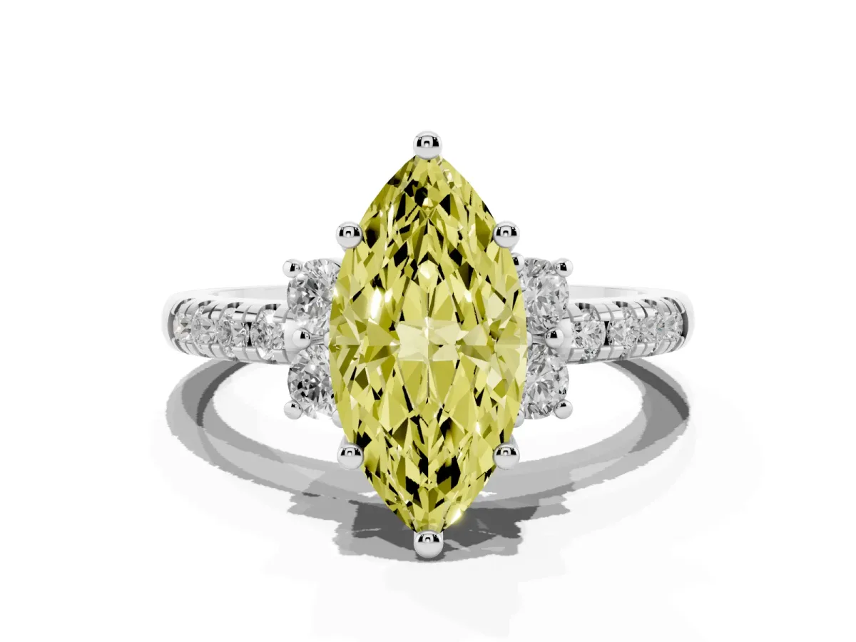 Fancy Yellow Marquise Cut Diamond Three-Stone Pave Band with Four-Prong Setting Silver