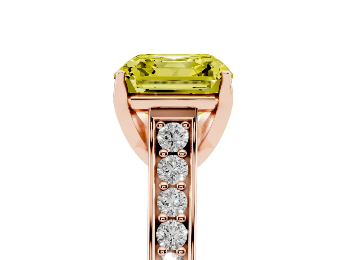 Fancy Yellow Asscher Cut Brilliant Cut Diamond Engagement Ring with Pavé Band and Four-Prong Setting Rose gold