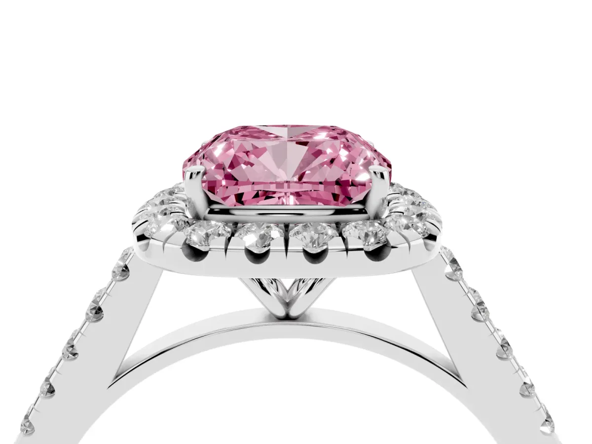 Fancy Pink Cushion Cut Halo Pave Diamond Engagement Ring with Four-Prong Setting Silver