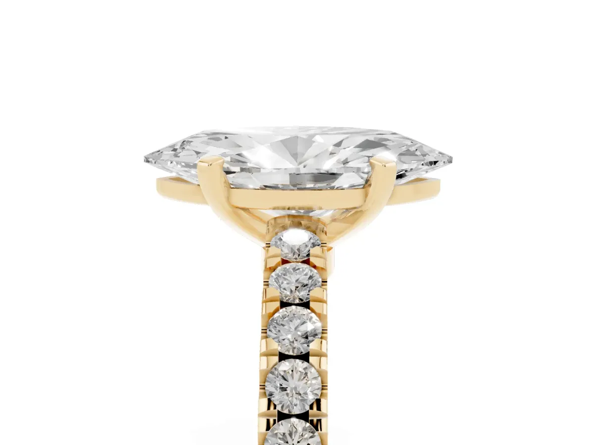 Marquise Cut Solitaire Diamond with Pavé Band and Four-Prong Setting Yellow gold