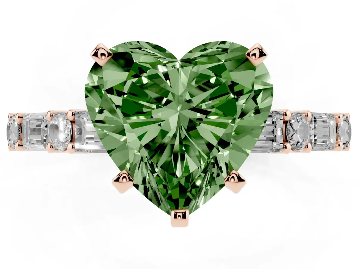 Fancy Green Heart Cut Diamond Solitaire with Side Baguettes and Channel Set Band Rose gold
