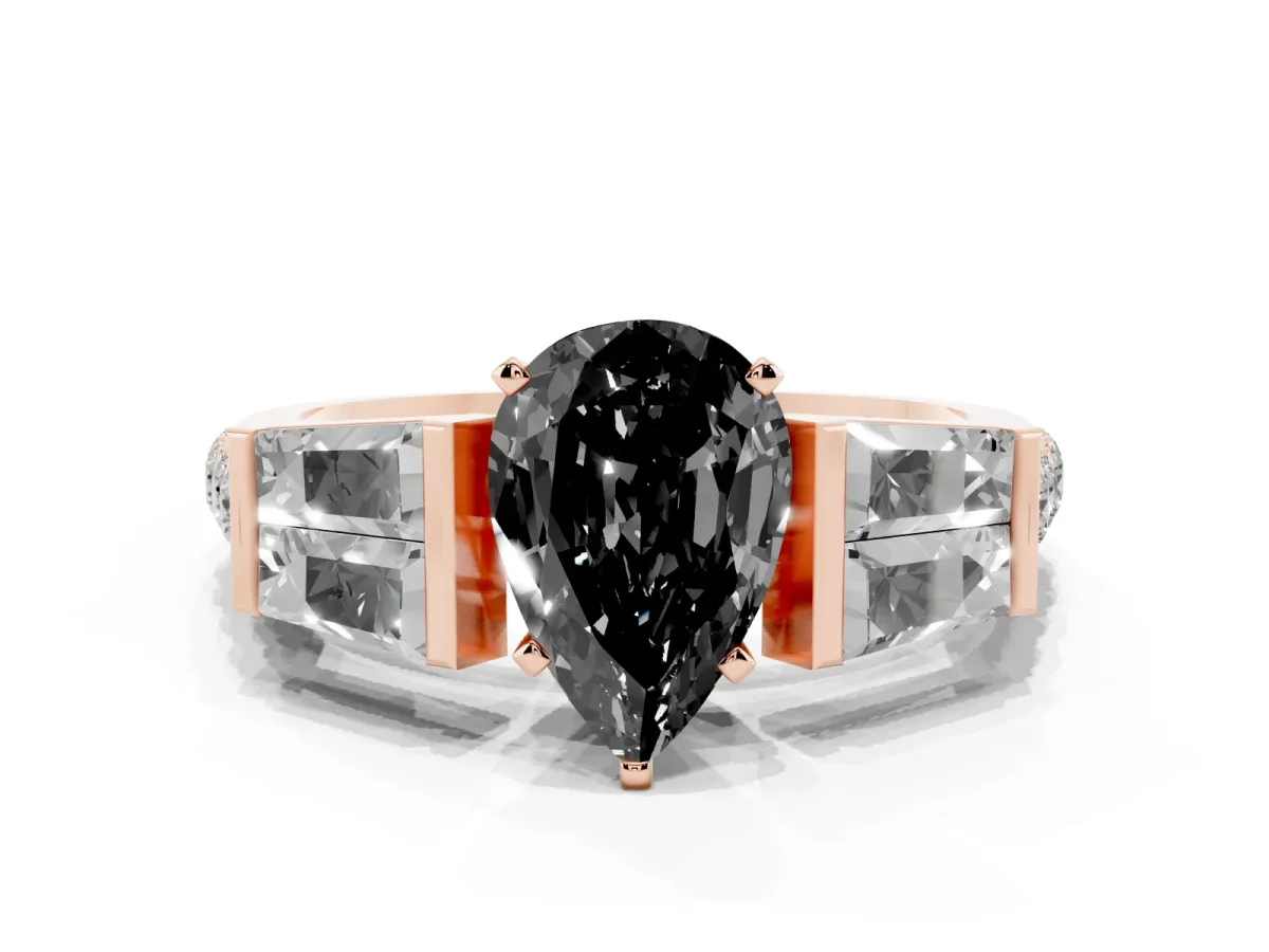 Fancy Black Pear Cut Diamond Engagement Ring with Baguette Side Stones and Channel Set Band Rose gold