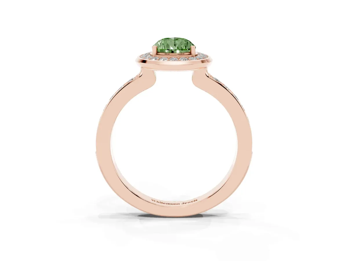 Fancy Green Pear Cut Diamond Halo Ring with Bezel Frame and Pavé Band Rose gold