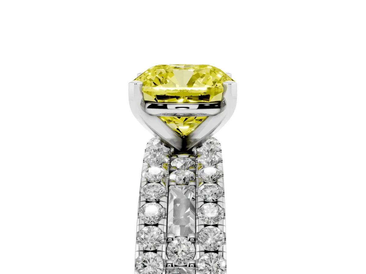 Fancy Yellow Cushion Cut Diamond Solitaire Ring with Pavé and Channel Set Band Platinum