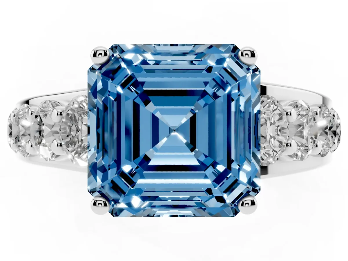 Fancy Blue Asscher Cut Diamond Engagement Ring with Pavé Band and Four-Prong Setting Silver