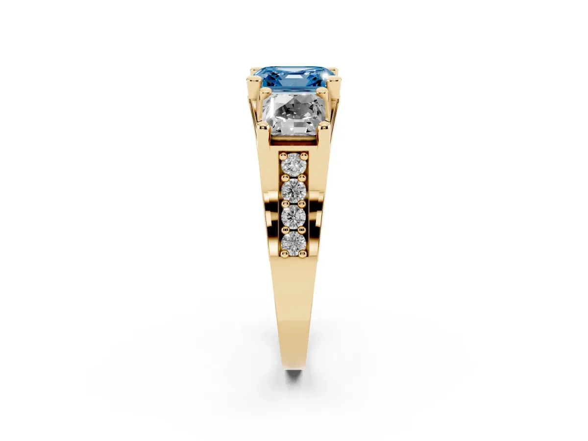 Fancy Blue Asscher Cut Diamond Three-Stone Ring with Channel Set Band and Four-Prong Setting Yellow gold