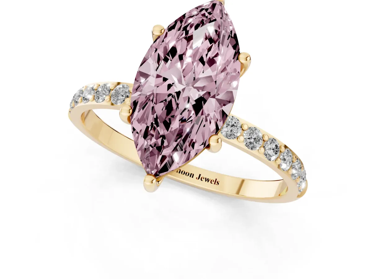 Fancy Pink Marquise Cut Diamond Solitaire Ring with Round Pavé Shoulders and Prong Setting Yellow gold