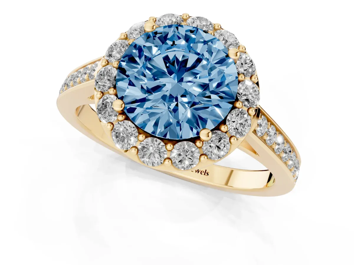 Fancy Blue Round Cut Diamond Floral Halo Ring with Pavé Band and Prong Setting Yellow gold