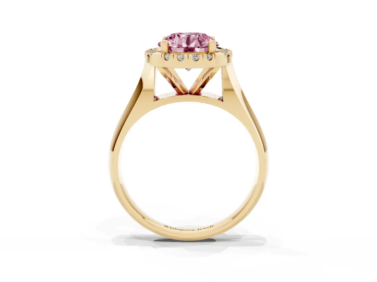 Fancy Pink Round Cut Cut Halo Solitaire Engagement Ring with Square Band and Four-Prong Setting Yellow gold