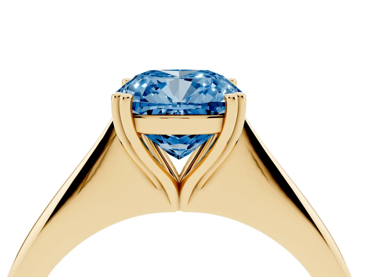 Fancy Blue Cushion Cut Solitaire Diamond Ring with Six-Prong Setting and Classic Band Yellow gold