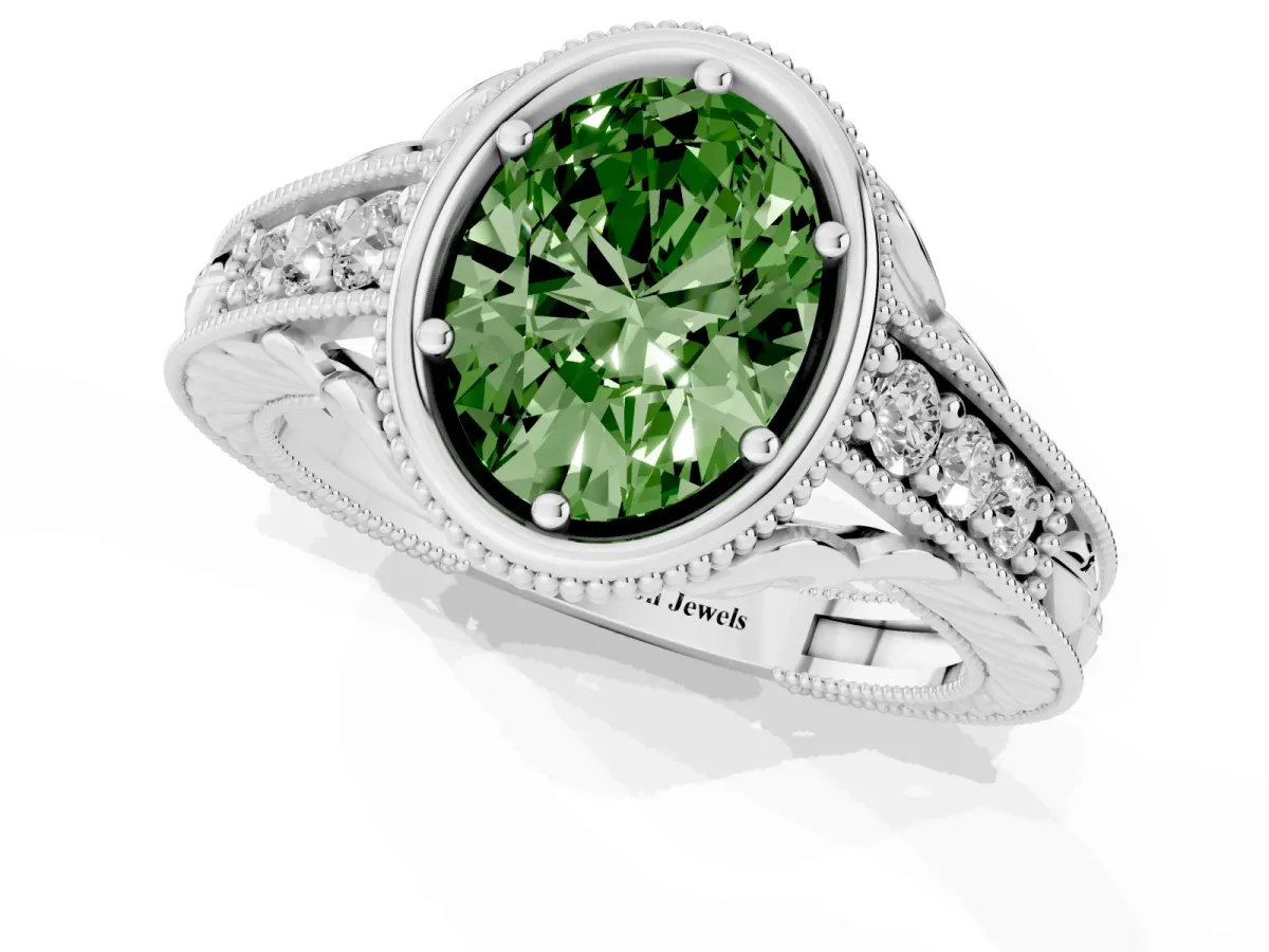Fancy Green Bezel Set Oval Cut Diamond Milgrain Pave Engagement Ring Silver
