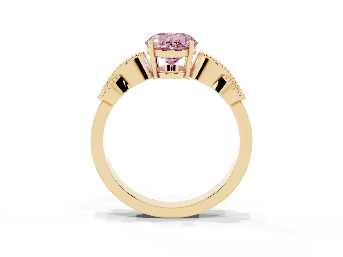 Fancy Pink Oval Cut Solitaire Milgrain Leaf Band with Prong Setting Yellow gold