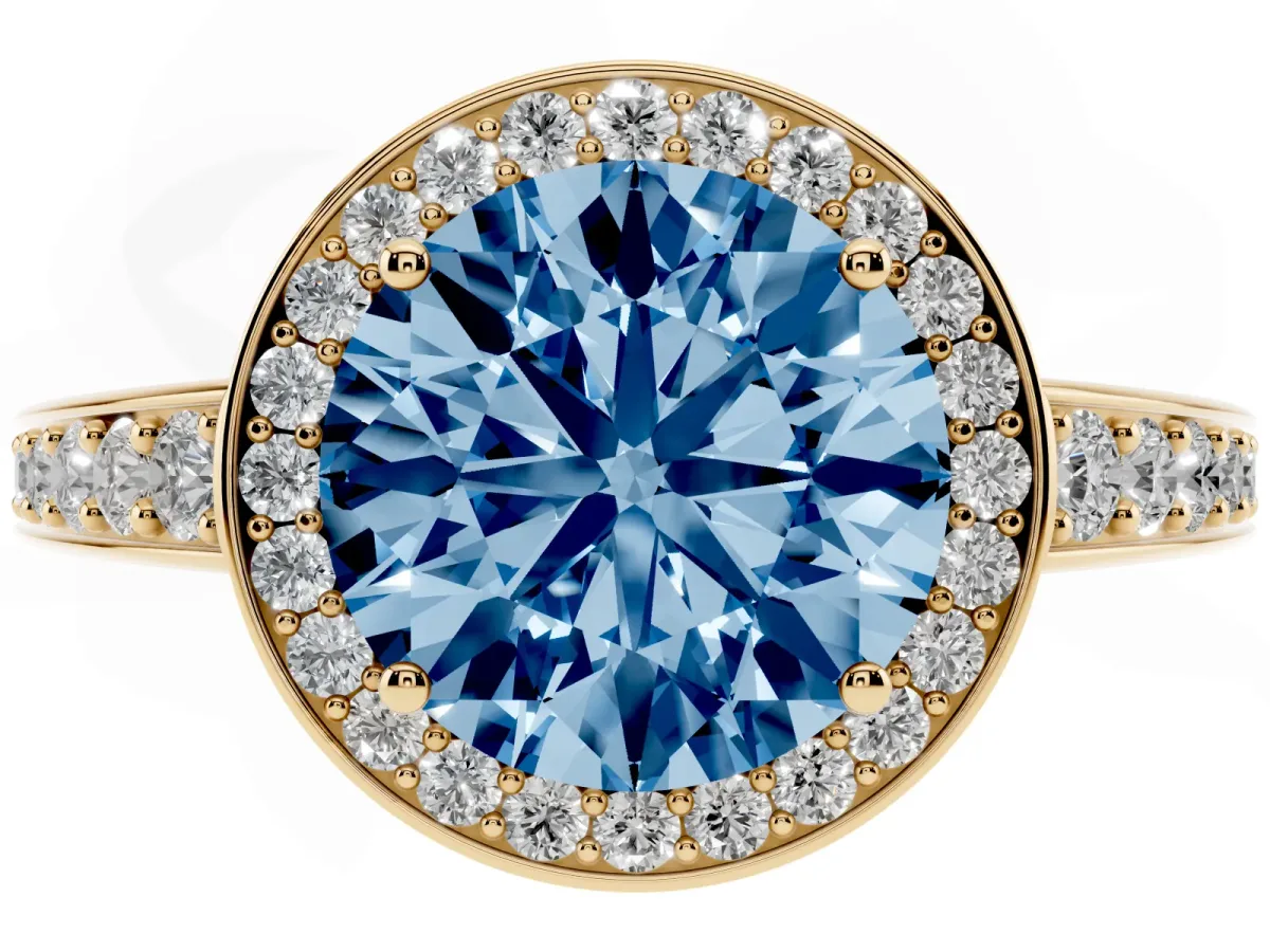 Fancy Blue Round Cut Halo Pavé Diamond Engagement Ring with Bezel Setting Yellow gold