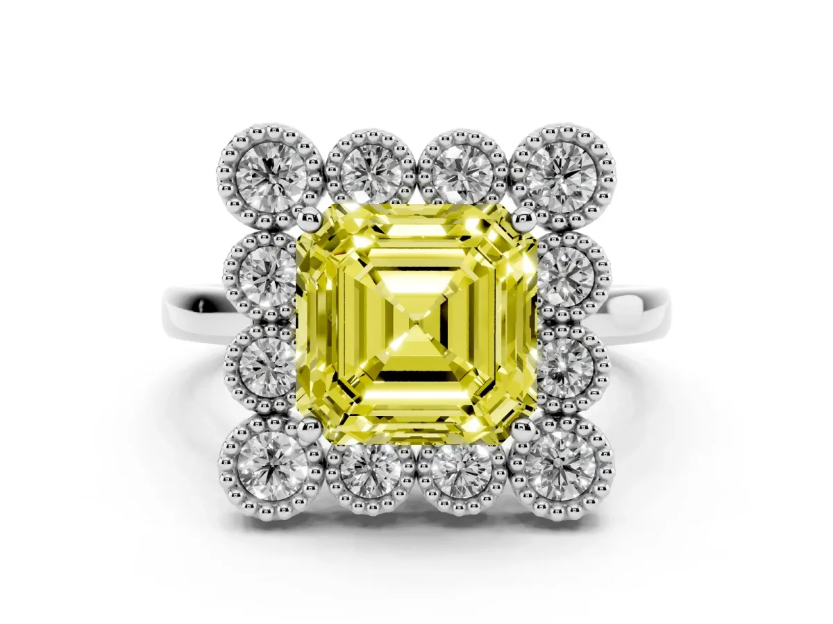 Fancy Yellow Asscher Cut Halo Diamond Cluster Engagement Ring with Milgrain Bezel Setting and Solitaire Band Silver