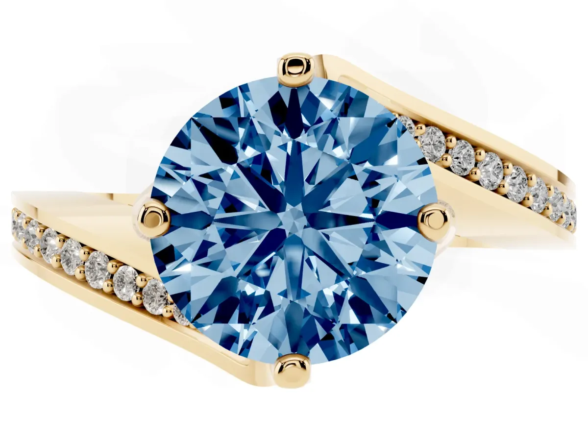 Fancy Blue Round Cut Solitaire Diamond Twist Band with Pavé Setting and Four-Prong Setting Yellow gold