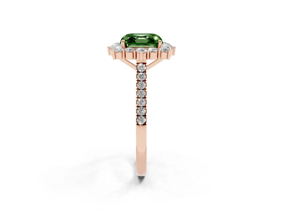 Fancy Green Asscher Cut Halo Diamond Ring with Pavé Band and Prong Setting Rose gold