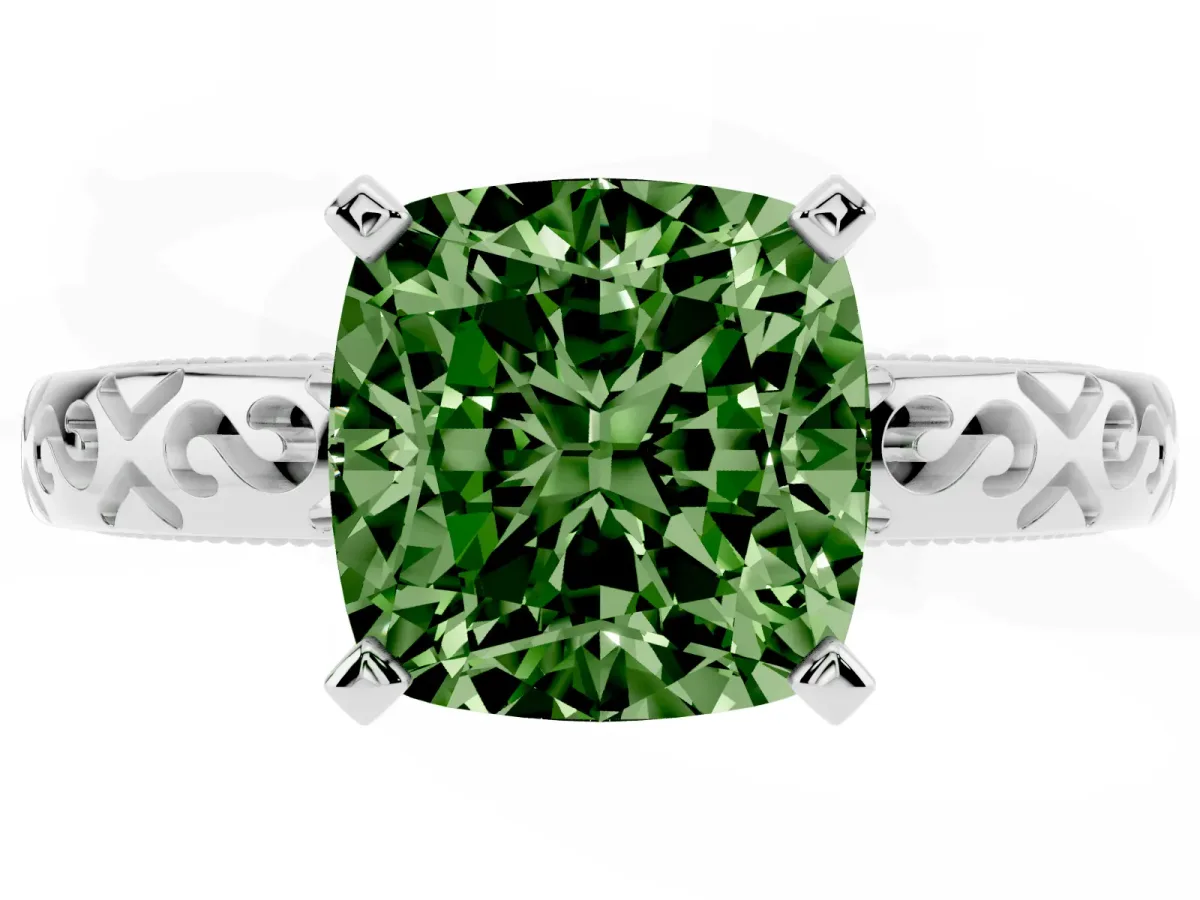 Fancy Green Cushion Cut Solitaire Engagement Ring with Scrollwork Band and Four-Prong Setting Platinum