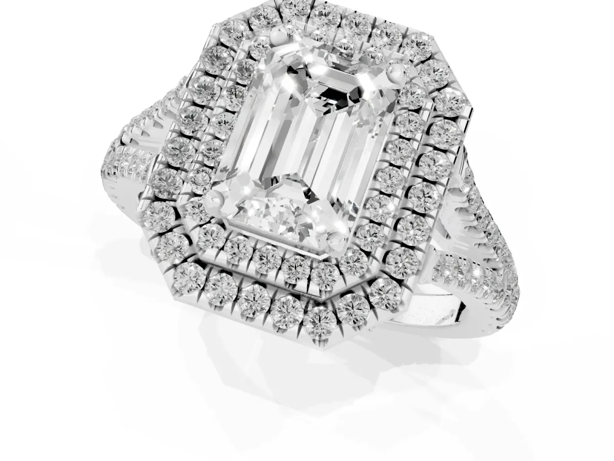 Emerald Cut Diamond Double Halo Ring with Pavé Band and Prong Setting Silver