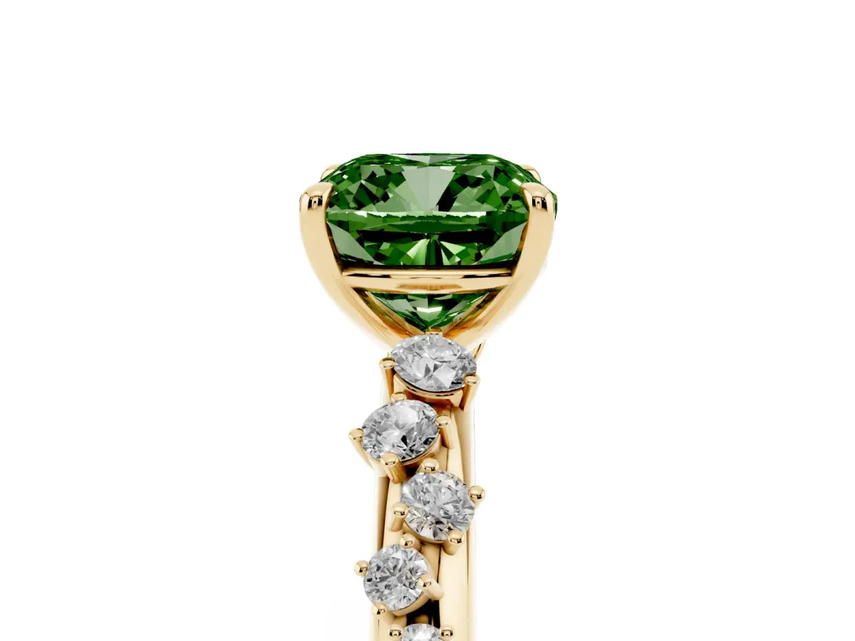Fancy Green Cushion Cut Diamond Cluster Prong-Set Solitaire Ring Yellow gold