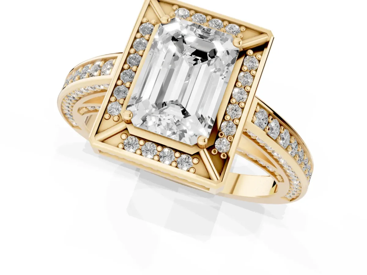Emerald Cut Cut Halo Pave Split Shank Prong Setting Ring Yellow gold