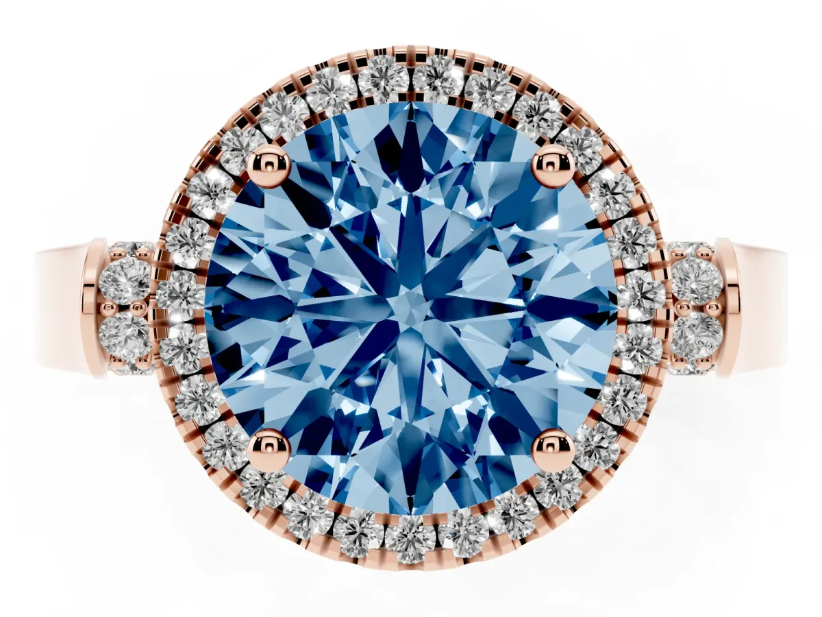 Fancy Blue Round Cut Halo Round Diamond Twist Band with Four-Prong Setting Rose gold