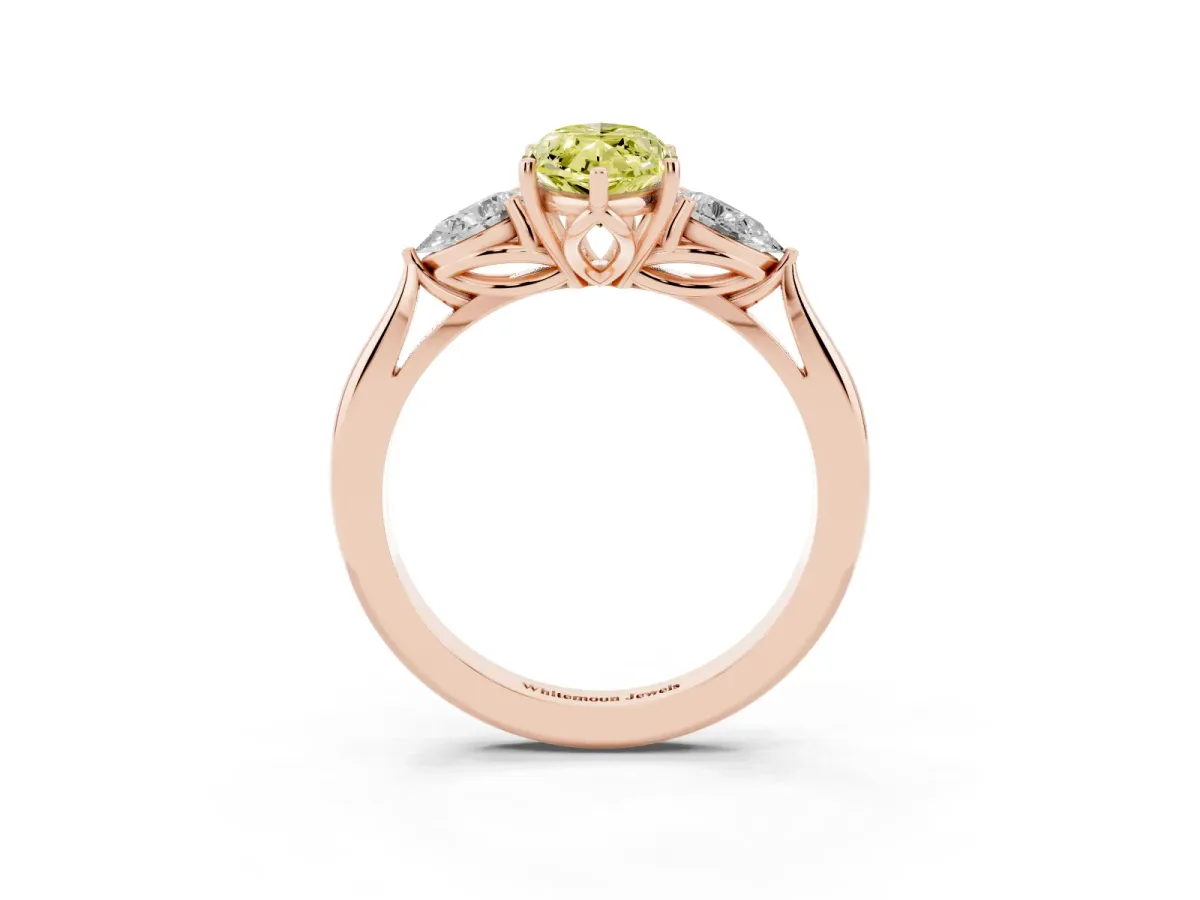 Fancy Yellow Three-Stone Marquise Cut Brilliant Diamond Solitaire Ring with Tapered Band and Four-Prong Setting Rose gold