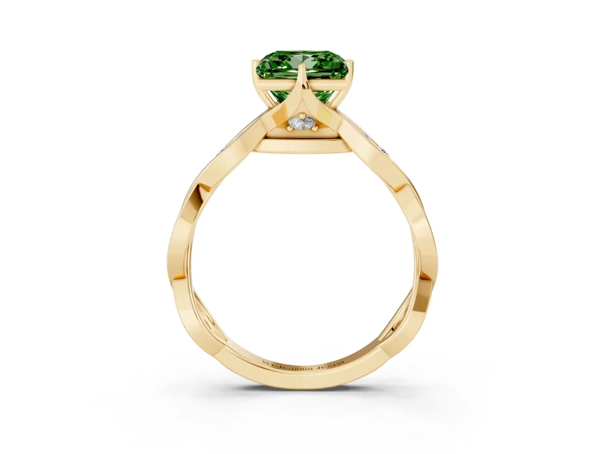 Fancy Green Princess Cut Solitaire Twist Band with Leaf Prong Setting Yellow gold