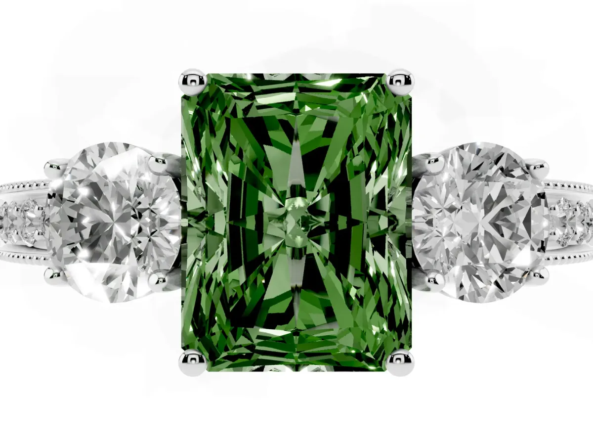 Fancy Green Radiant Cut Three-Stone Diamond Ring with Pavé Band and Four-Prong Setting Silver