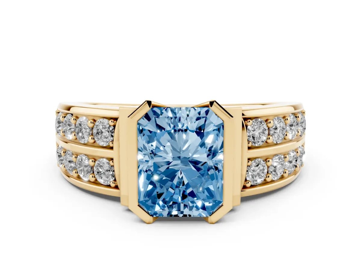 Fancy Blue Radiant Cut Brilliant Diamond Channel Set Wide Band Ring with Bezel Setting Yellow gold