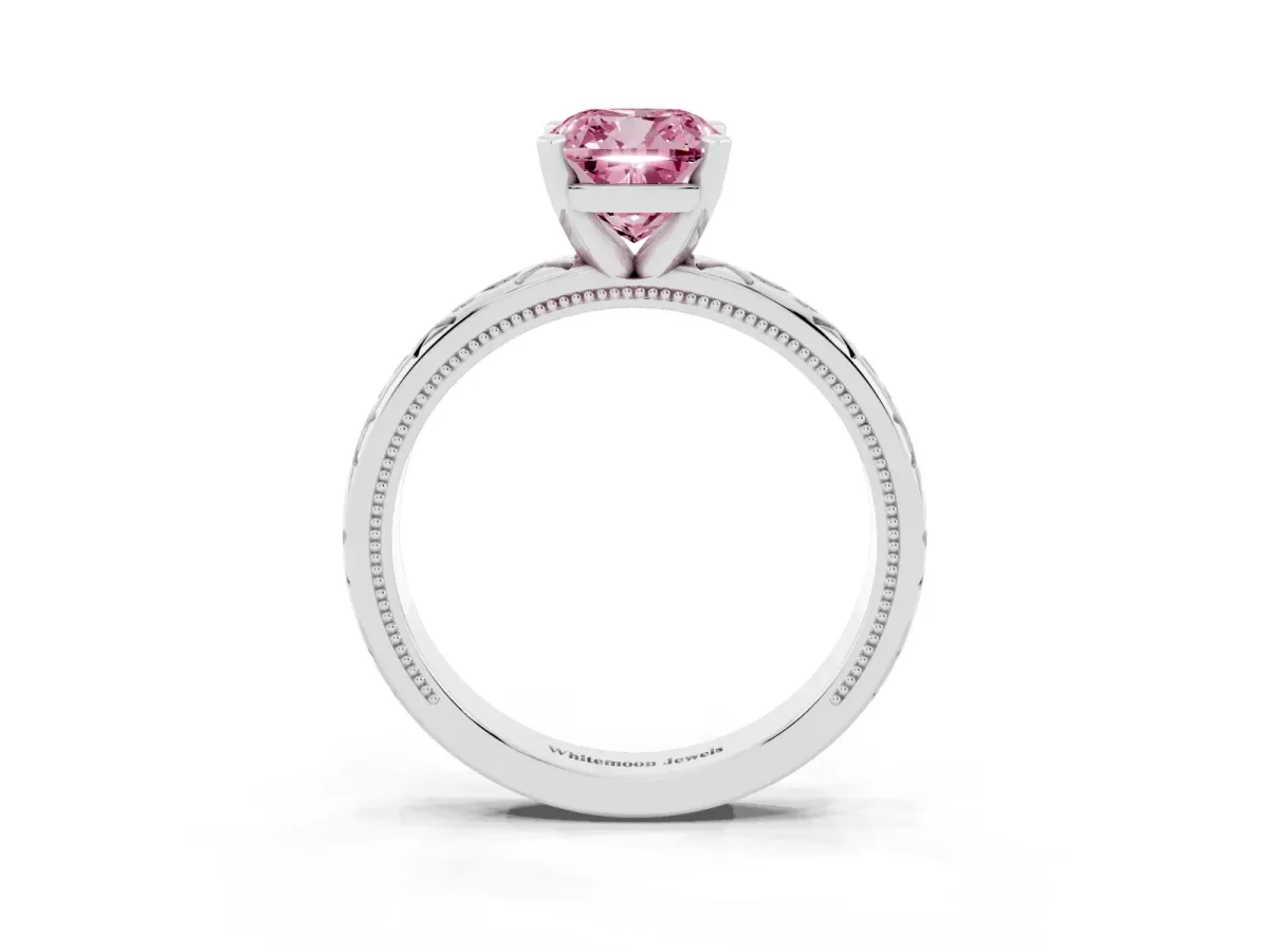 Fancy Pink Cushion Cut Solitaire Engagement Ring with Scrollwork Band and Four-Prong Setting Platinum