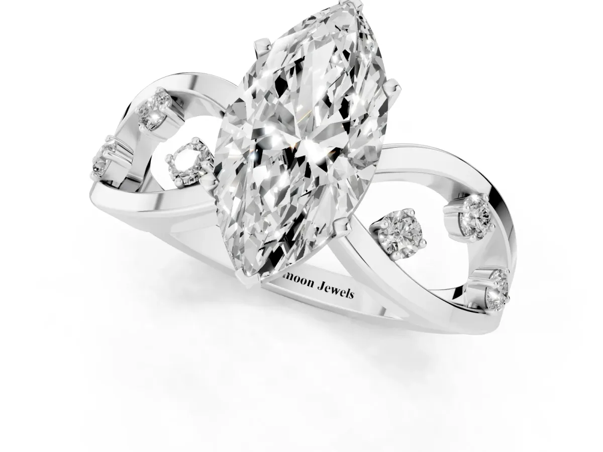 Marquise Cut Cut Solitaire Diamond with Side Stones on Criss-Cross Band and Four-Prong Setting Silver