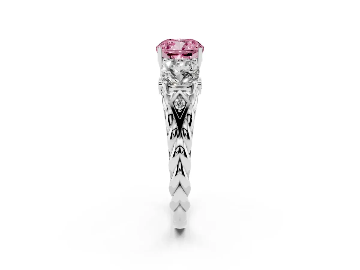 Fancy Pink Three-Stone Cushion Cut Diamond Braided Band Ring with Four-Prong Setting Platinum
