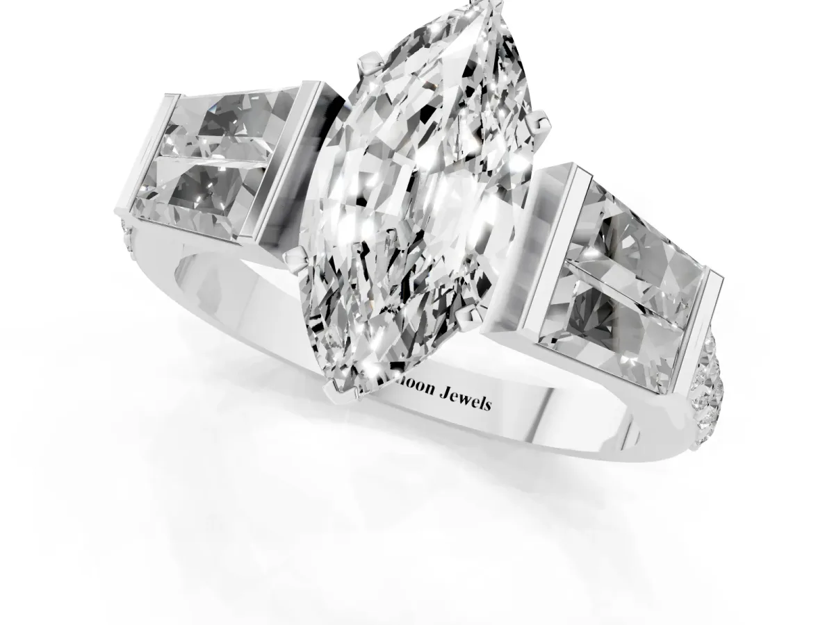Marquise Cut Diamond Engagement Ring with Baguette Side Stones and Channel Set Band Platinum