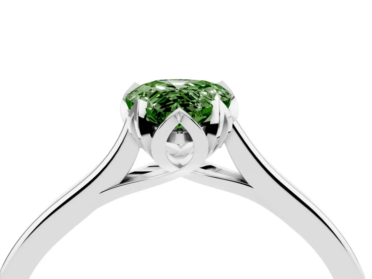 Fancy Green Pear Cut Diamond Solitaire Ring with Flower Prong Setting and Classic Band Silver