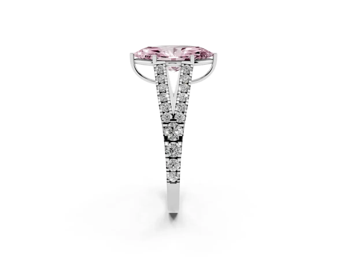 Fancy Pink Marquise Cut Diamond Split Shank Pavé Engagement Ring with Four-Prong Setting Platinum