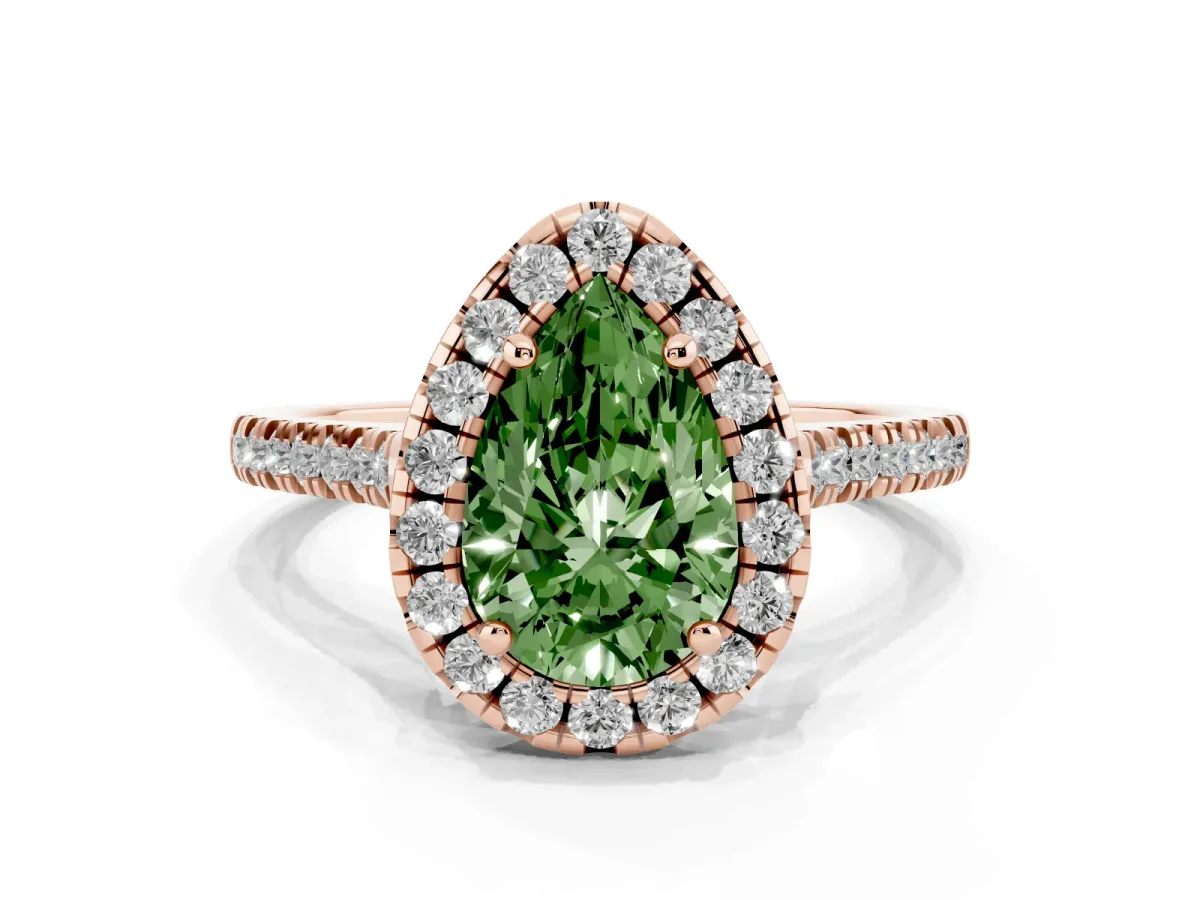 Fancy Green Pear Cut Diamond Cushion Halo Ring with Pavé Band Rose gold