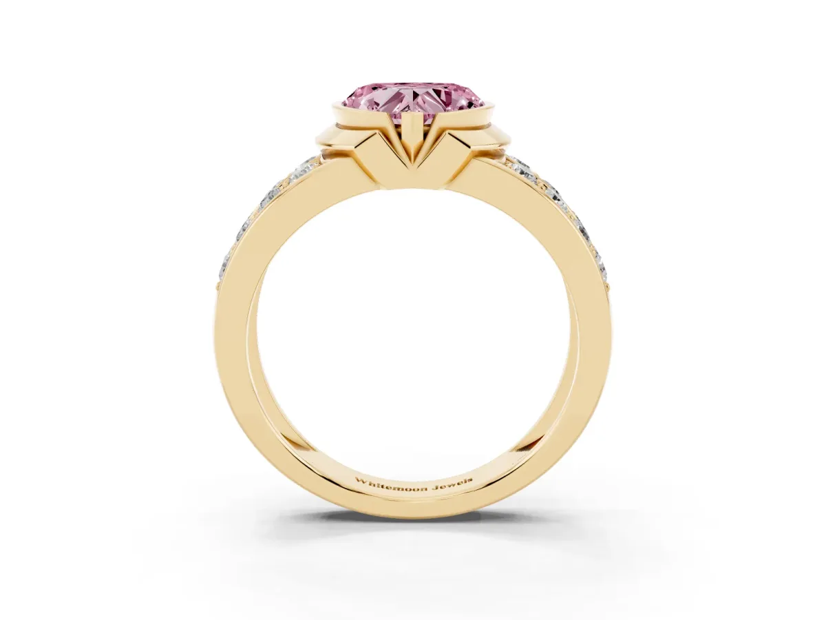 Fancy Pink Heart Cut Brilliant Diamond Channel Set Wide Band Ring with Bezel Setting Yellow gold