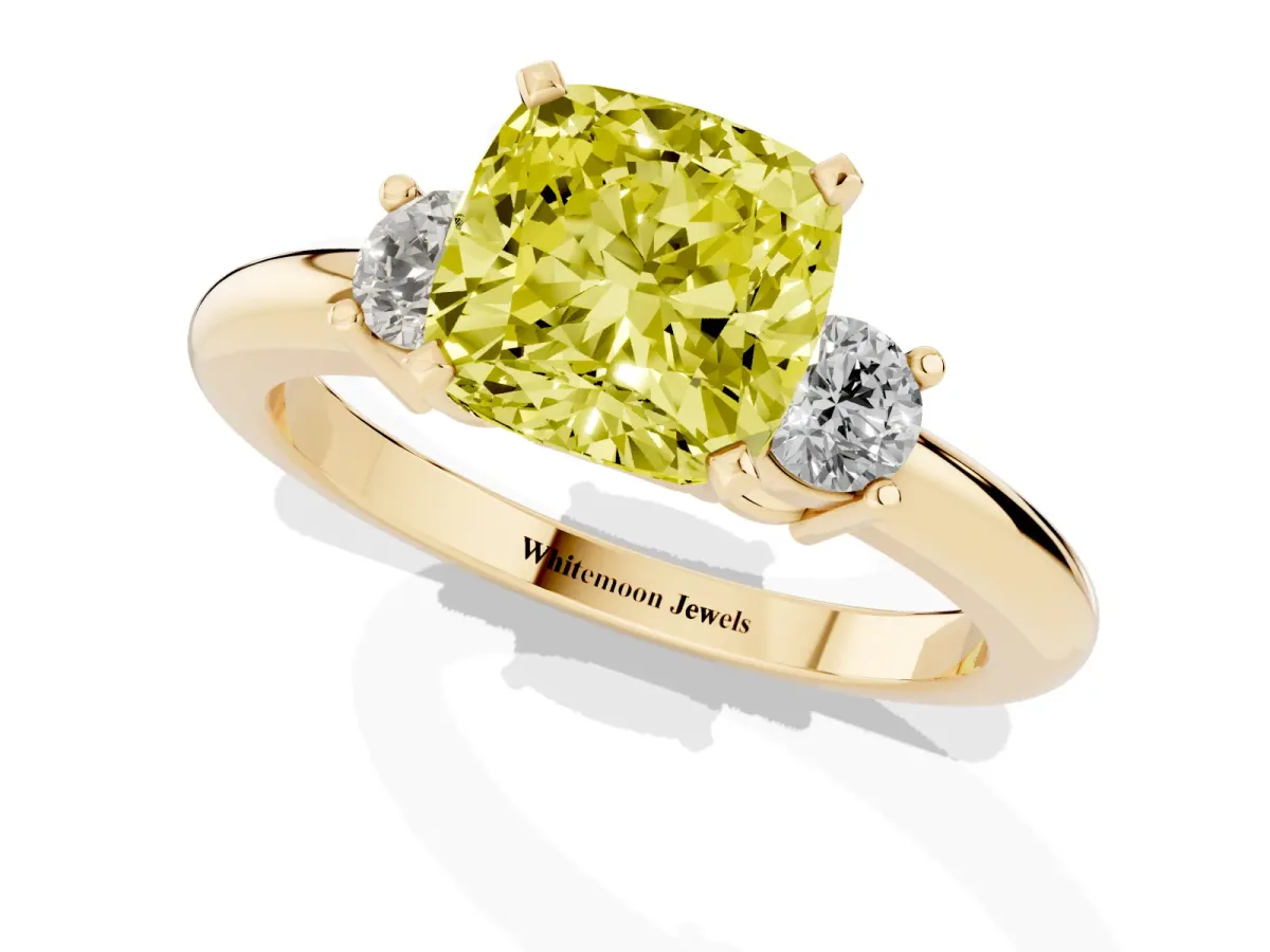 Fancy Yellow Three-Stone Cushion Cut Cut Diamond Solitaire with Prong Setting and Classic Band Yellow gold