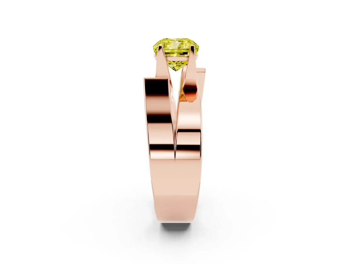 Fancy Yellow Modern Tension Set Cushion Cut Diamond Solitaire Wide Band Ring Rose gold