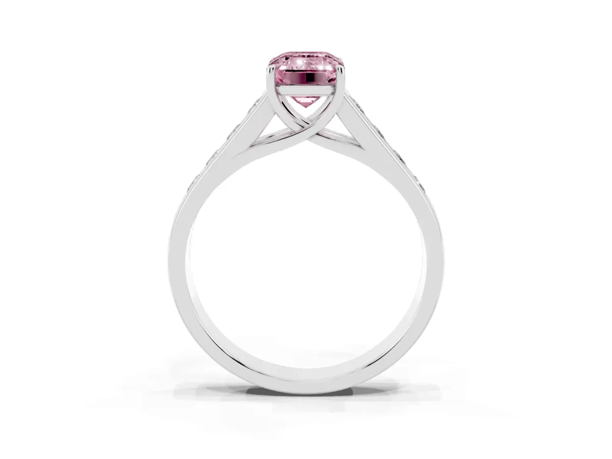 Fancy Pink Emerald Cut Brilliant Channel-Set Solitaire Ring with Four-Prong Setting Platinum