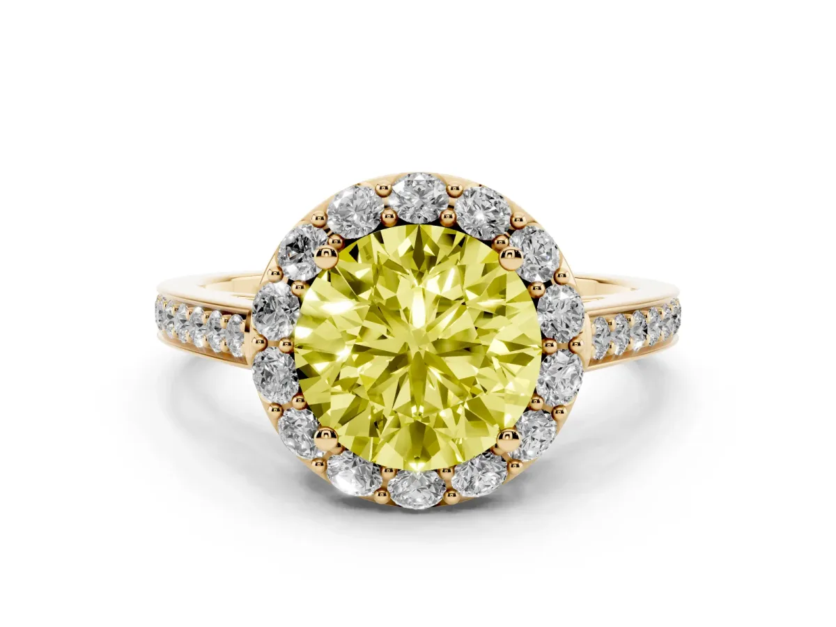 Fancy Yellow Round Cut Diamond Floral Halo Ring with Pavé Band and Prong Setting Yellow gold