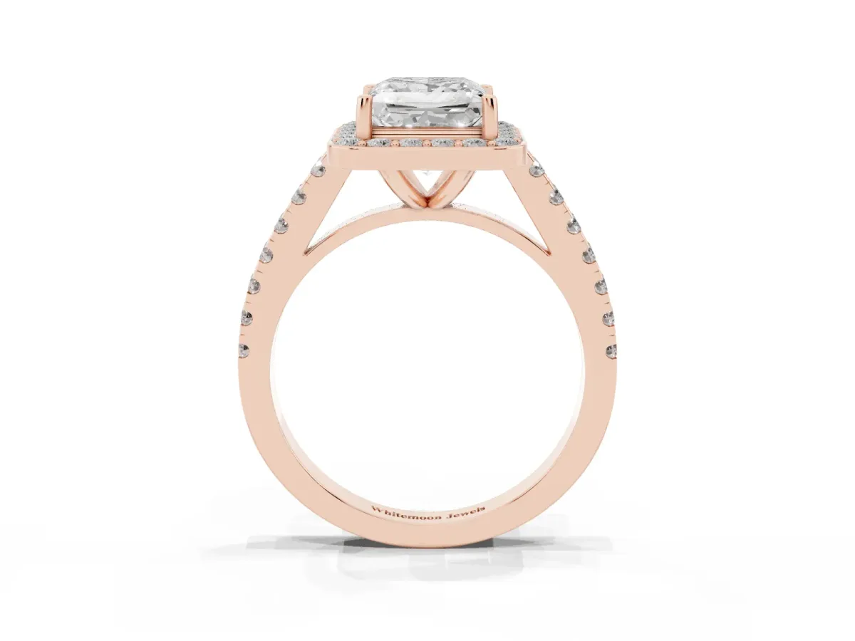 Princess Cut Diamond Halo Ring with Round Pavé Split Shank and Prong Setting Rose gold