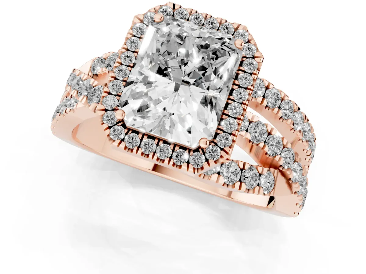 Radiant Cut Diamond Halo Ring with Round Split Shank and Prong Setting Rose gold