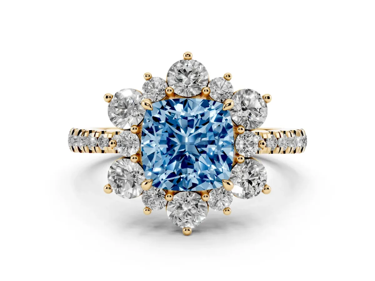 Fancy Blue Cushion Cut Diamond Floral Halo Ring with Round Pavé Band and Prong Setting Yellow gold